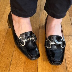 Paul Green Black Patent Leather Loafers with Silver Horse-bit Buckle